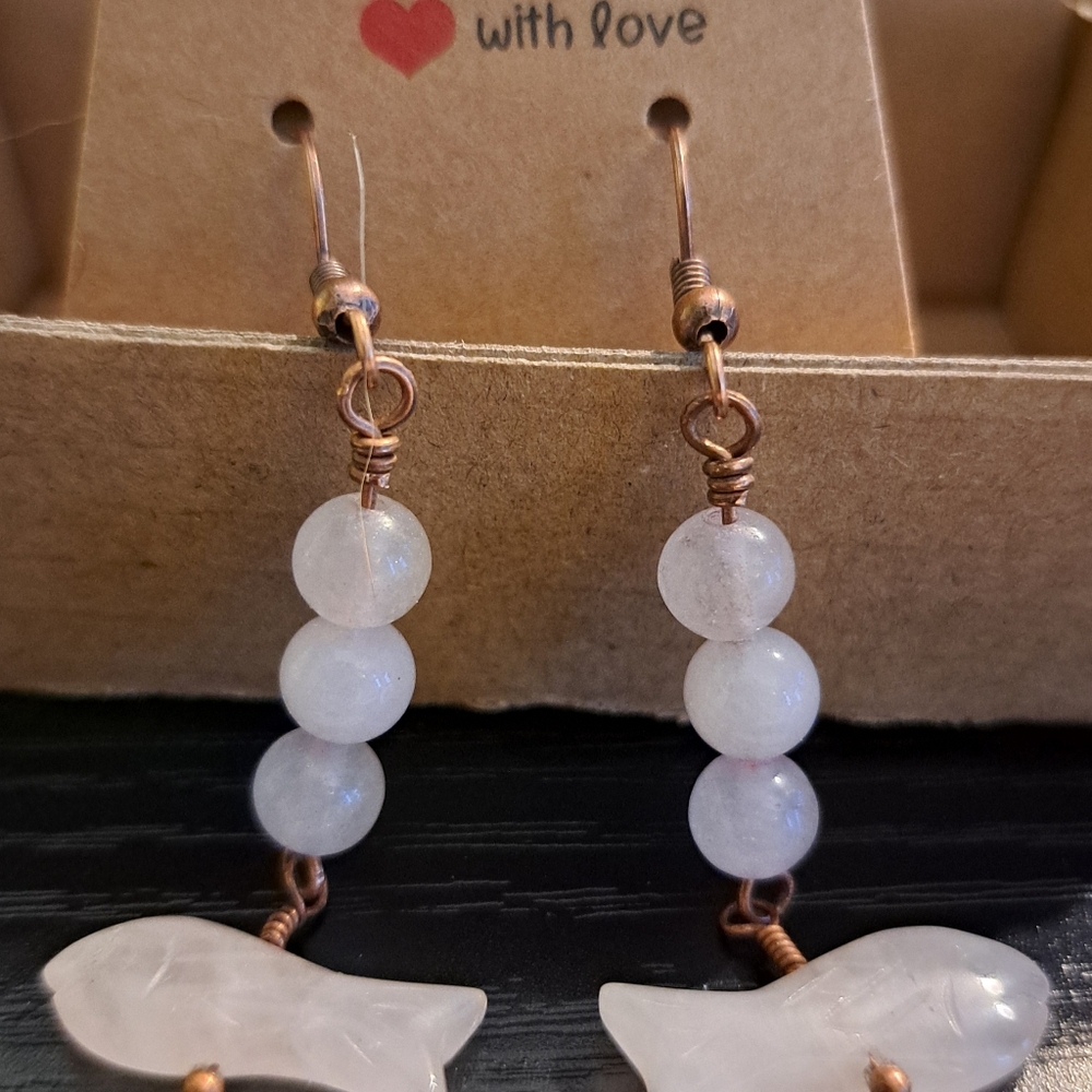 Rose Quartz Zuni Style Carved Fetish Fish Dangle Earrings in Copper